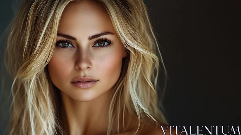 Blonde woman stares directly into camera in soft studio lighting.