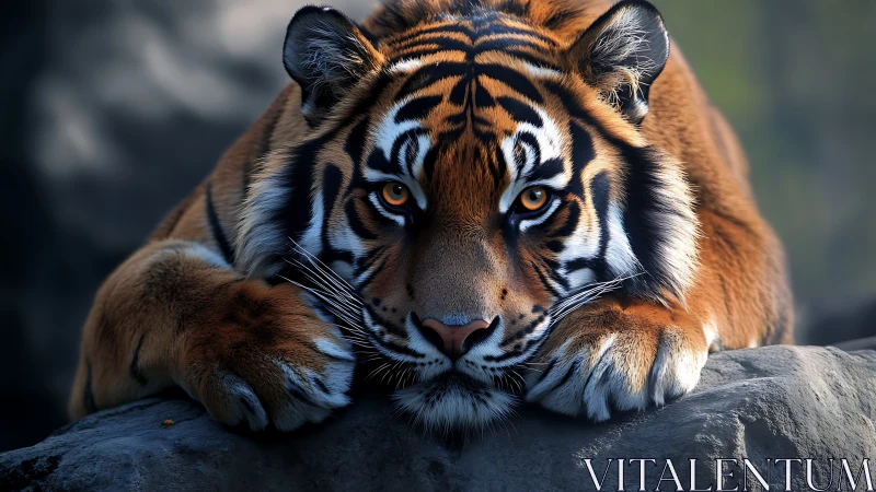 Tiger resting on rock with intense forward gaze in focus.