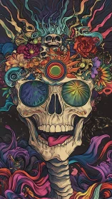 Psychedelic skull portrait with floral crown and refractive lenses