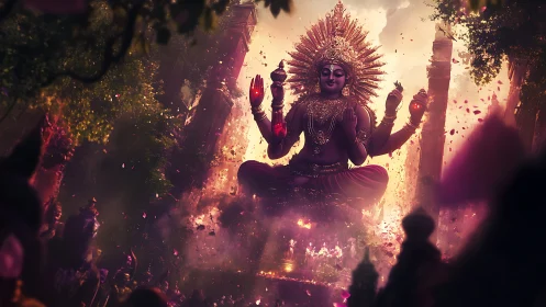 Luminous multi-armed deity amid volumetric jungle temple haze.