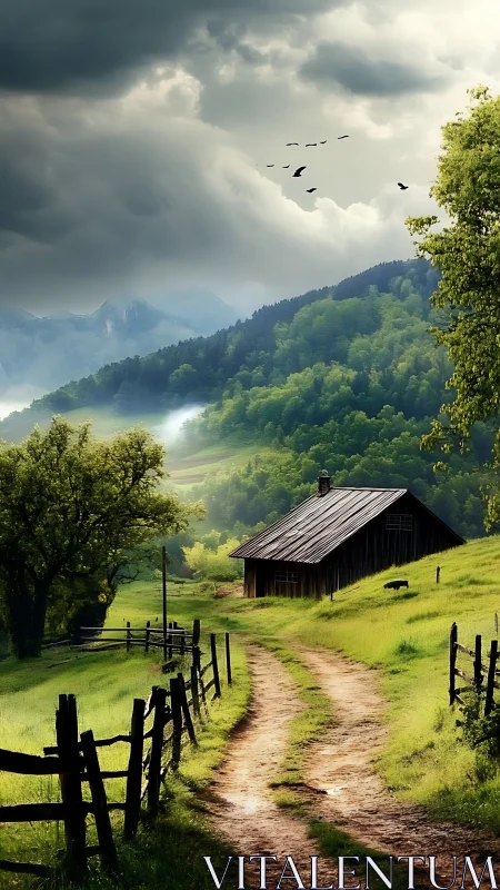 Rural hillside cabin under storm-lit sky with receding forest depth