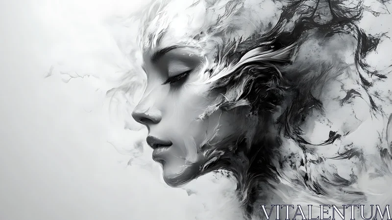 Monochrome ethereal portrait in fluid digital abstraction.