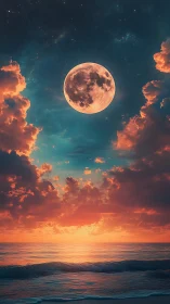 Full moon hangs over vivid sunset ocean horizon