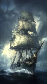 Tall ship under storm clouds with full sails at sea.