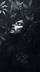 Male face lies in shadowed foliage with high contrast lighting