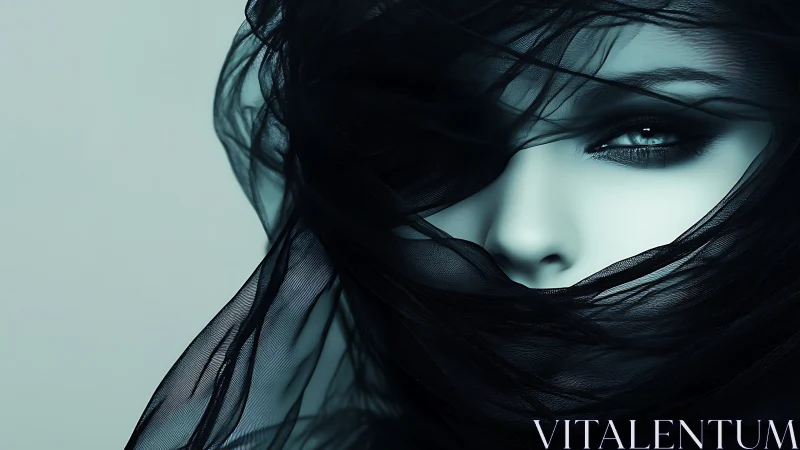 Veiled frost-muse with storm-dark eyes in silken shadow.