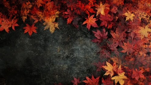 Crimson maple leaves quietly frame a weathered stone dusk