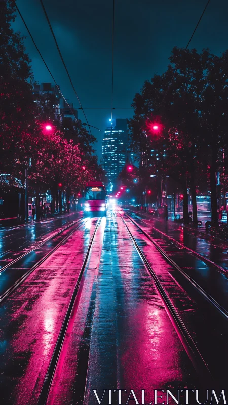 Neon-saturated tram corridor under nocturnal urban overcast.