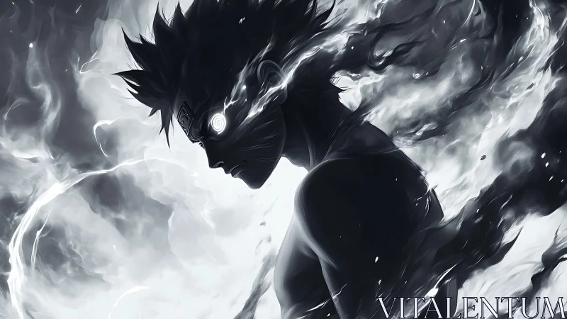 Monochrome ninja silhouette channels swirling spectral energy