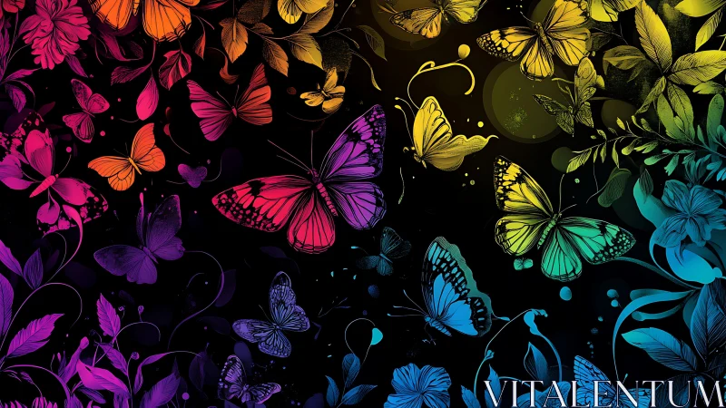 Chromatic gradient butterflies over illustrated florals.