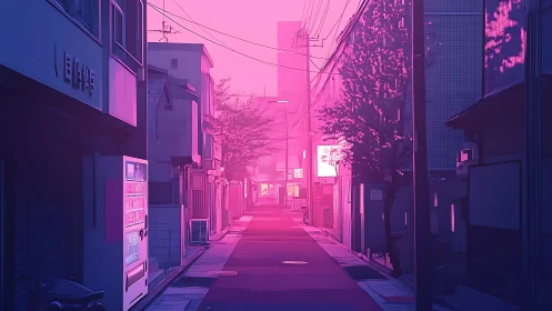 Neon-pink alleyway streetscape in atmospheric digital painting.