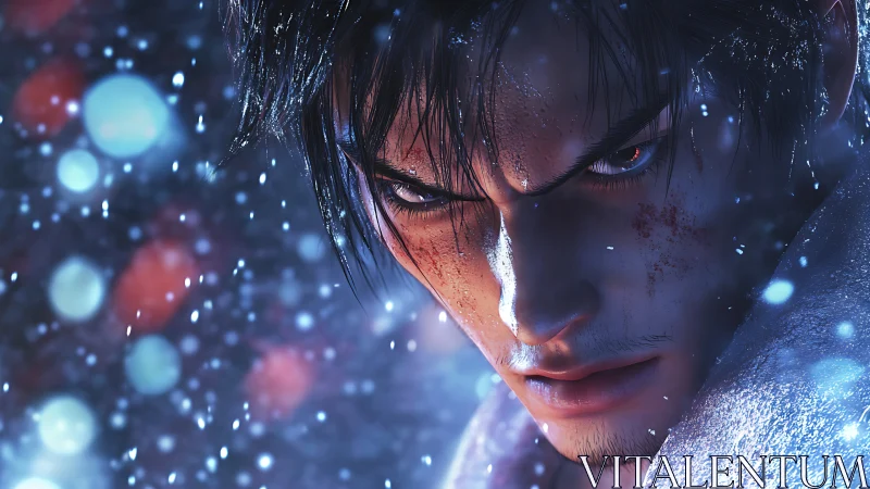 Intense anime warrior glares through swirling winter lights