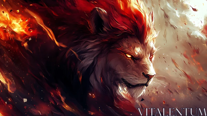 Fiery lion portrait with blazing mane in dynamic motion.