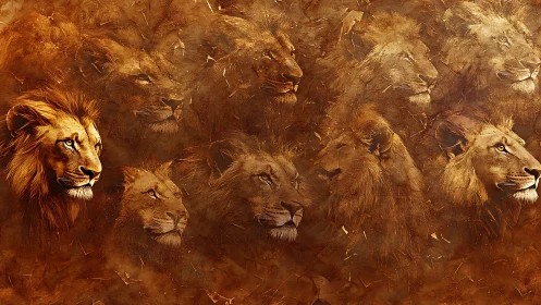 Multiple Lions Portrait Study in Warm Tones.