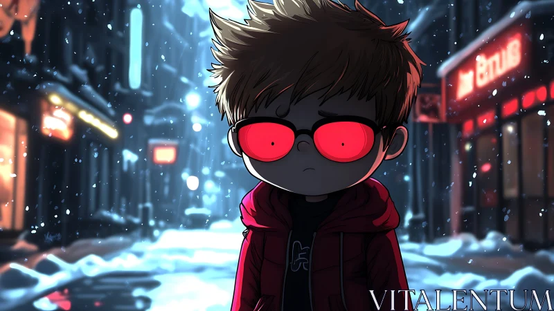 Snowfall paints neon gloom around the boy with ember eyes