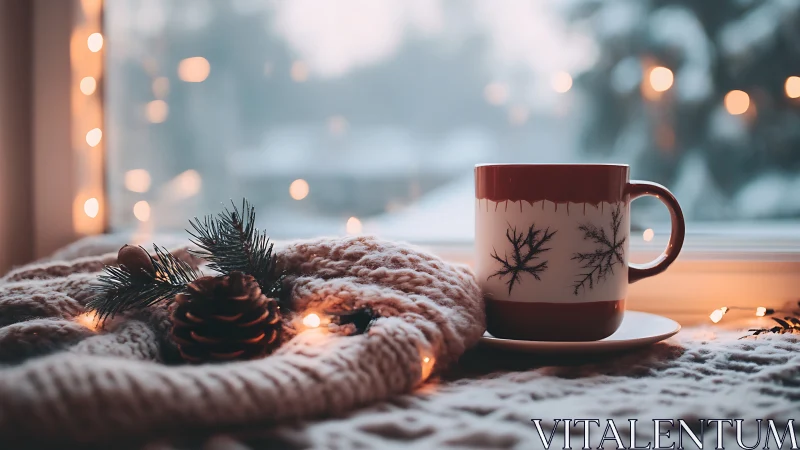 Winter window glow with cocoa steam and knitted hush.