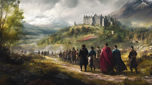 Medieval procession advances toward hilltop castle in valley