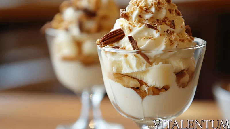 Vanilla ice cream parfait with nuts in clear dessert glass.
