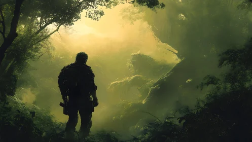 Lone soldier surveying misty jungle under blazing light.