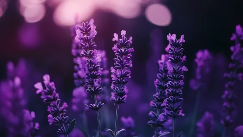 Purple Lavender Field in Soft Focus with Bokeh Lighting.