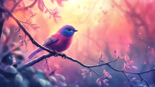 Gentle pink songbird resting in a dreamy pastel forest.