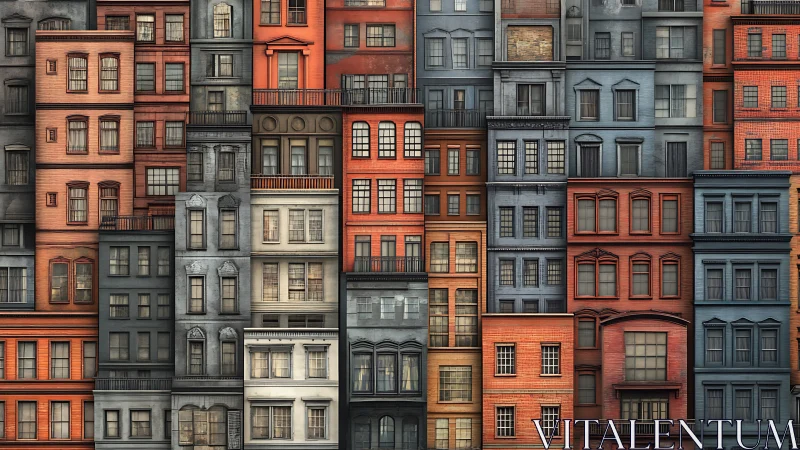 Dense grid of multicolored urban facades in elevation view.