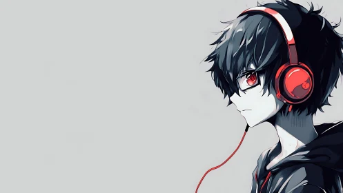 Monochrome anime profile with red headphones and cable contrast