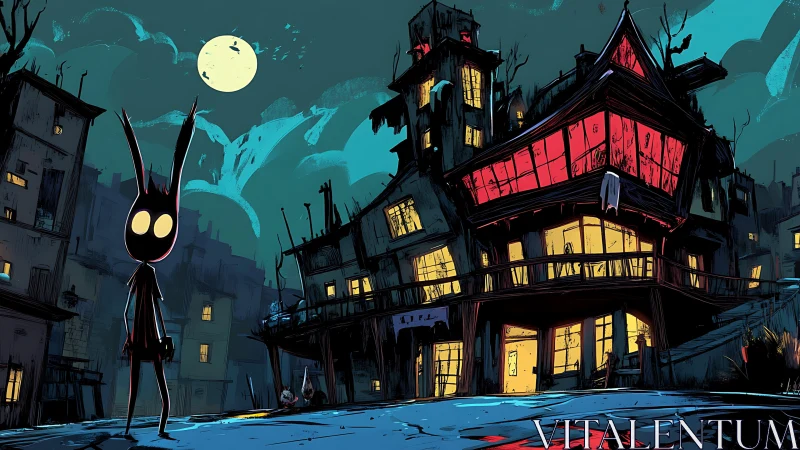 Moonlit alley with stylized figure and tilted neon house.