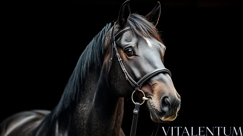 Graceful black horse with gentle eyes and polished bridle.