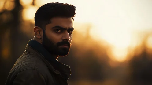 Male portrait captures golden hour backlight and shallow focus.
