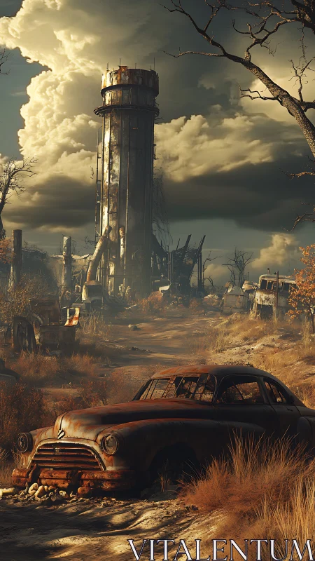 Rusting car in deserted wasteland under heavy clouds.