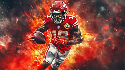 Football player runs forward through explosive fiery background