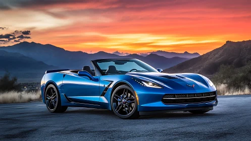 Sunset-blue roadster prowls desert highway in molten sky glow.