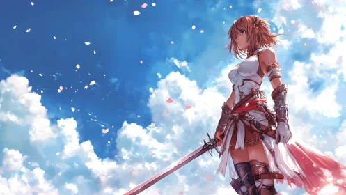 Sword-wielding anime heroine stands resolute beneath bright skies