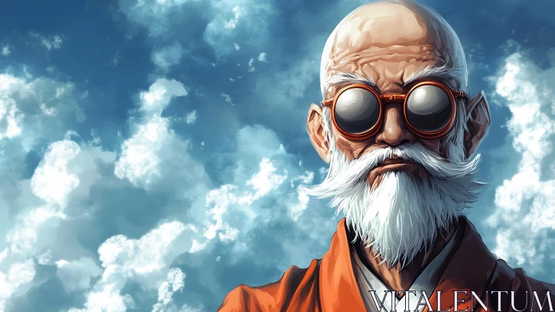 Elderly bald man in reflective goggles under volumetric cloudscape