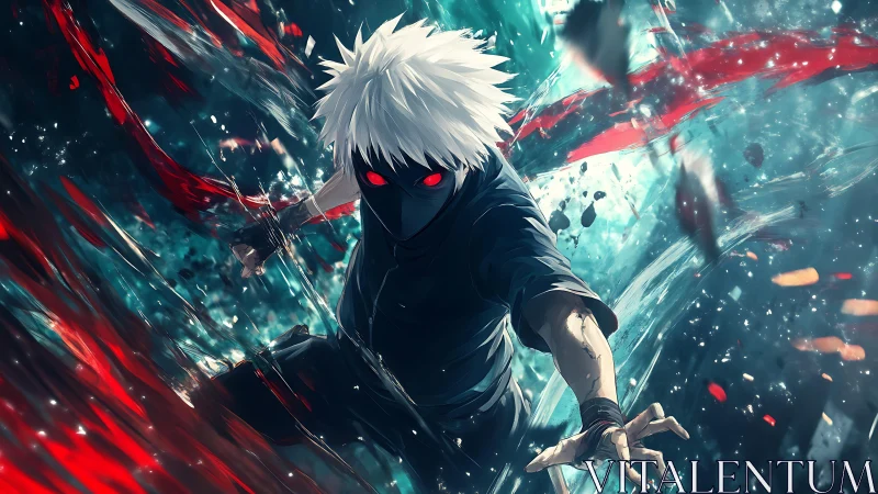Masked white-haired fighter with red eyes amid energy field.