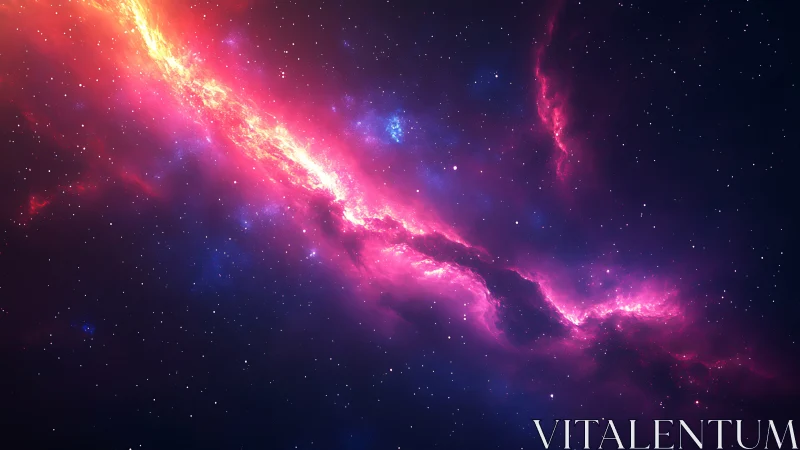 Galactic rift glows in vivid pink and orange nebula clouds.