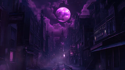 Neon lunar alleyway under violet nocturnal atmospheric haze.