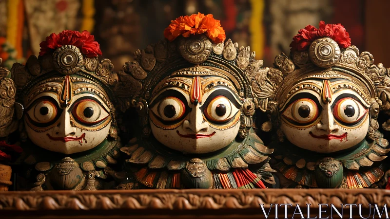 Ornate wooden deity masks align in warm ceremonial lighting