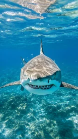 Curious reef shark cruises through rippling turquoise light.