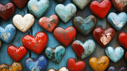 Weathered painted hearts on blue wooden background