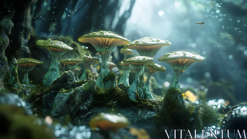 Bioluminescent forest mushrooms glow through misty backlight