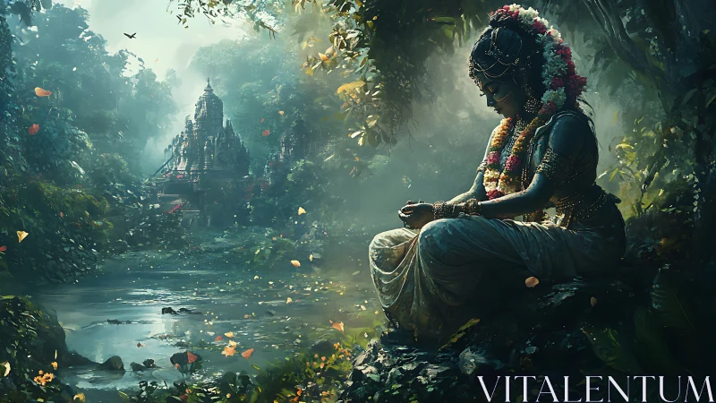 Forest goddess in jeweled silence beside a misty river temple.