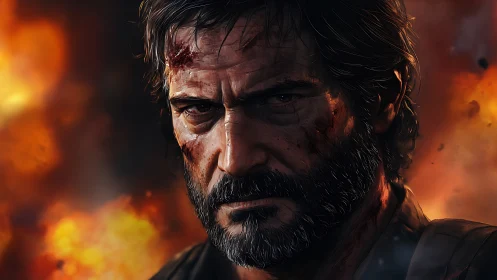 Battle-worn bearded man before blazing explosion backdrop.