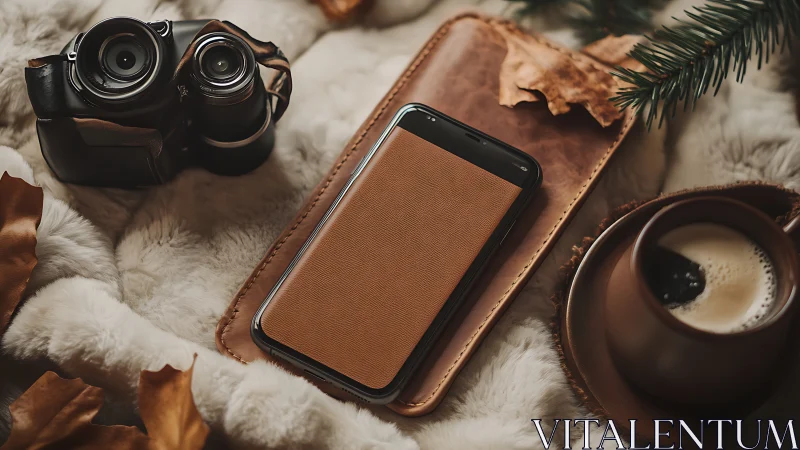 Leather-Cased Smartphone and Camera on Autumn Textile.