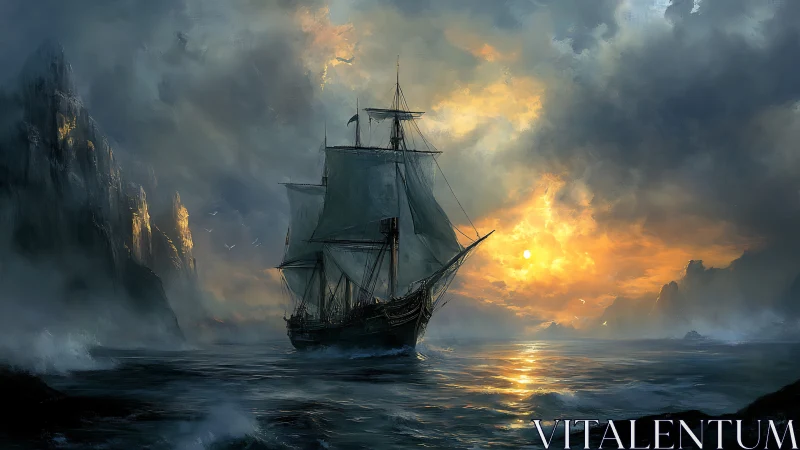 Sailing ship crosses storm-luminous seascape with atmospheric depth