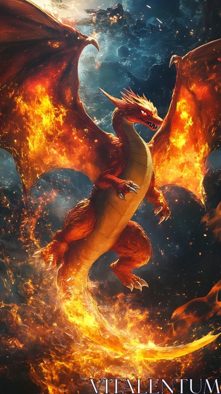 Inferno-winged dragon ascends through molten starlight skies.