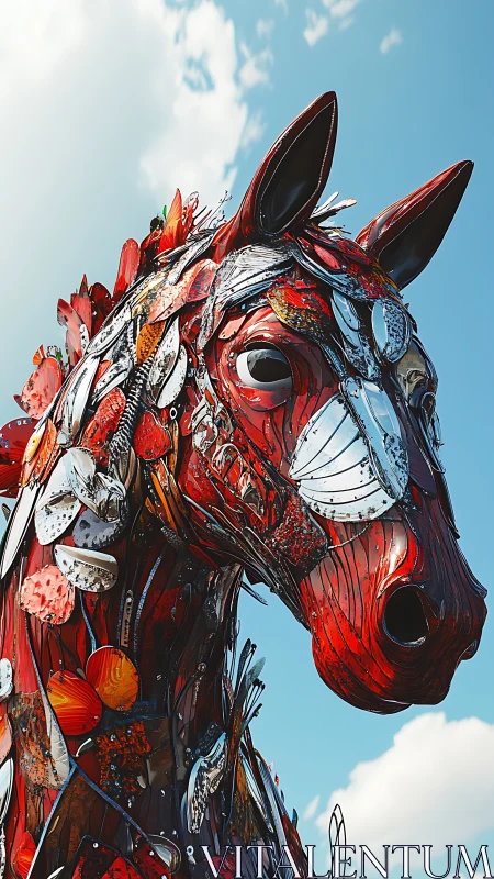 Red metal horse sculpture under bright blue sky.