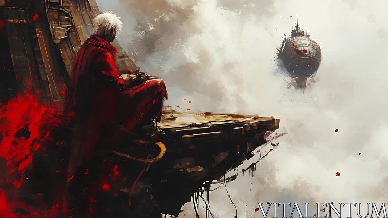 Solitary red figure watches incoming airship through clouds