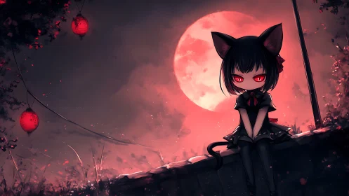 Cat-eared gothic girl under blood moon with red lanterns.